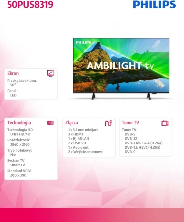 Televizor LED Philips 50PUS8319/12, 50 inç, 4K Ultra HD, Ambilight, Smart TV, i zi