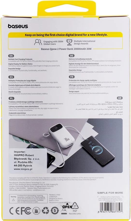 Power bank Baseus QPow2 20000 mAh, i bardhë