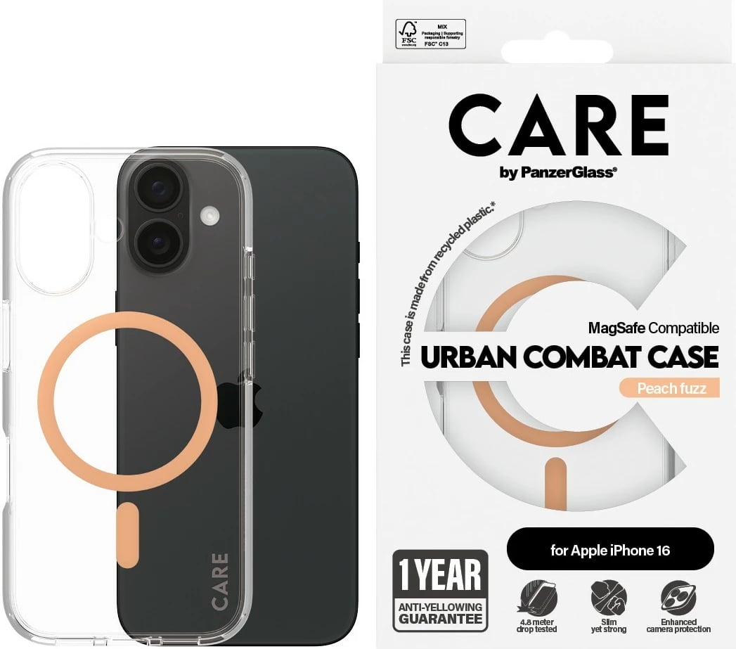 Mbështjellës PanzerGlass CARE Case Flagship Peachy MagSAFE për iPhone 16, transparent
