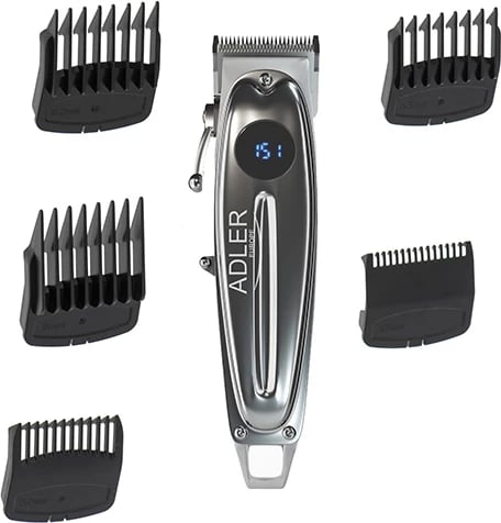 Makinë qethëse, Adler, AD 2831, LCD, bateri 2200 mAh deri 3h, karikim USB-C, 6 krehra, rregullim 1.0-1.8 mm, argjendtë, set aksesorësh