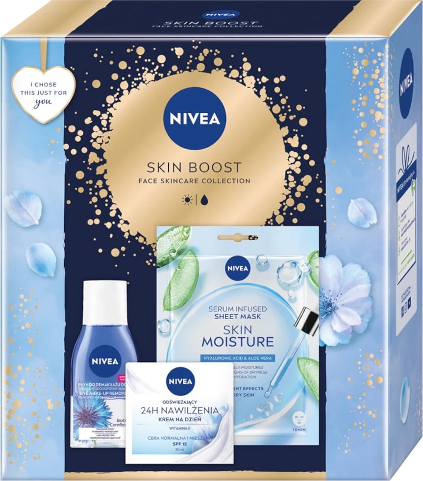 Set për kujdes fytyre për femra Nivea Skin Boost Refreshing Day Cream 50ml + Bi-phase Eye Makeup Remover 125ml + Hydrating Sheet Mask 1 copë, 3 copë