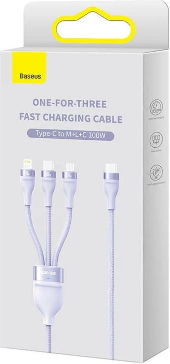 Kabllo 3-në-1 Baseus Flash Series 2, 1.5m, 100W, USB-C + micro USB + Lightning, vjollcë Kabllo 3-në-1 Baseus Flash Series 2, 1.5m, 100W, USB-C + micro USB + Lightning, vjollcë