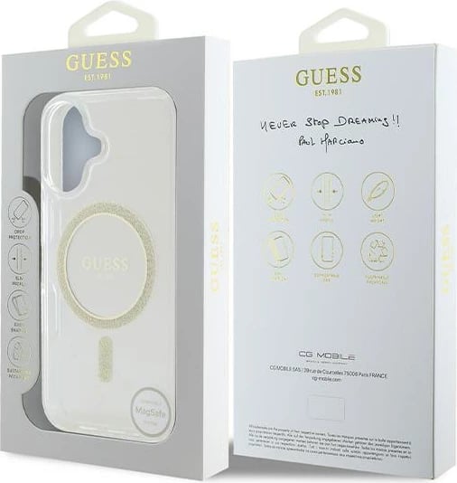 Mbështjellës Guess IML Glitter Circle MagSafe për iPhone 16, Transparent