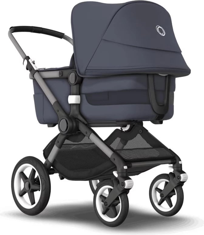 Bugaboo fox 3 carrycot and stroller with graphite frame, stormy blue fabrics and canopy