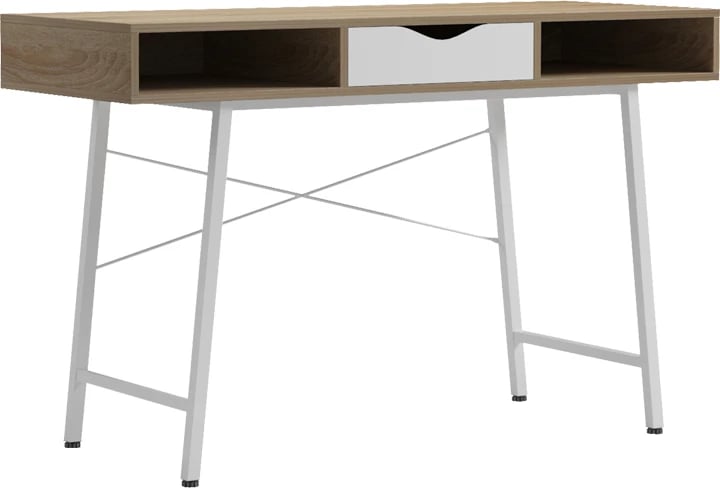 Tavolinë zyre Komo, ngjyrë sonoma-bardhë, këmbë metalike të bardha, 120x48x76cm