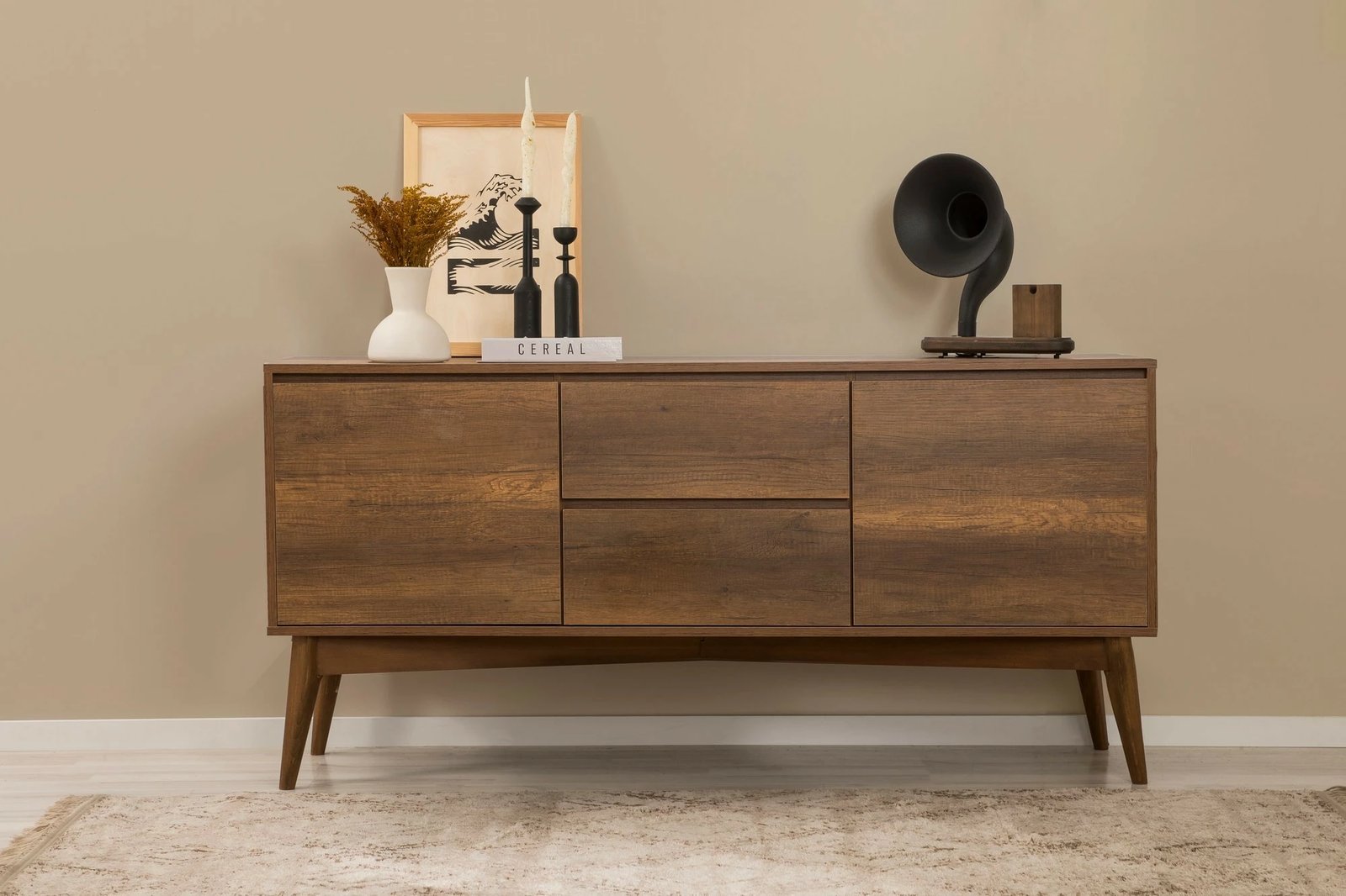 Set tavolinë me karrige dhe konsol, zgjatues, 7 pjesë, Skye Decor, Vina 03 0701, ngjyrë arre, gri