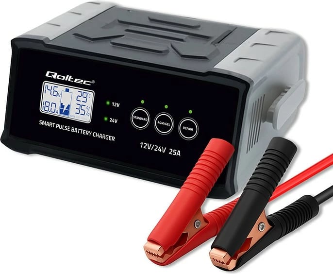 Karikues baterie mikroprocesorik Qoltec 52514 12V/24V 25A me funksion riparimi LCD, e zezë