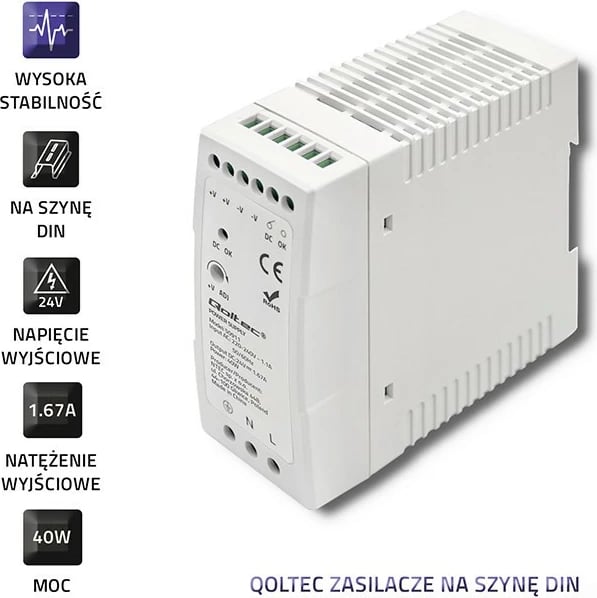 Furnizues energjie për shina DIN Qoltec 50911, 40W, 24V, Slim, Bardhë