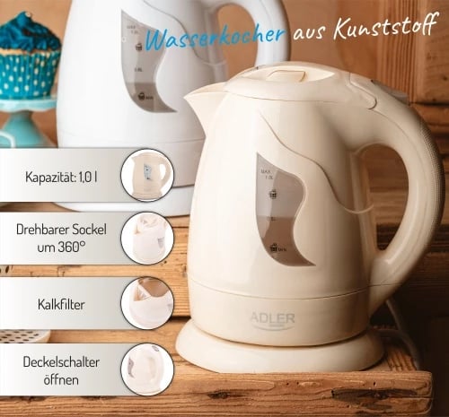 Zierës uji elektrik, Adler, AD 08, 1.0 L, 850W, plastikë, bezhë