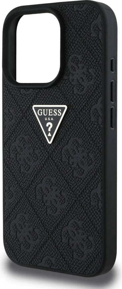 Mbështjellës Guess Hot Stamp 4G Pattern Triangle Metal Logo për iPhone 16 Pro, i zi