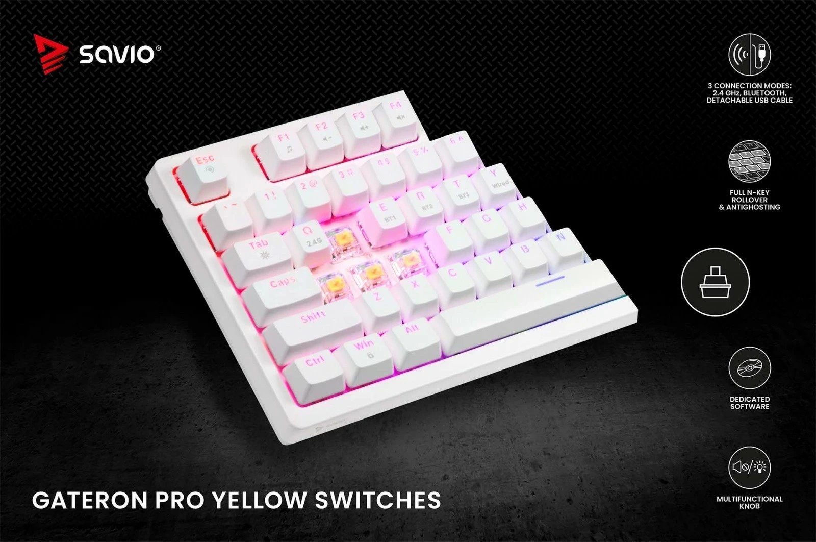 Tastierë mekanike wireless Savio PHENIX WHITE GAT RED, 82 tasta, RGB, e bardhë