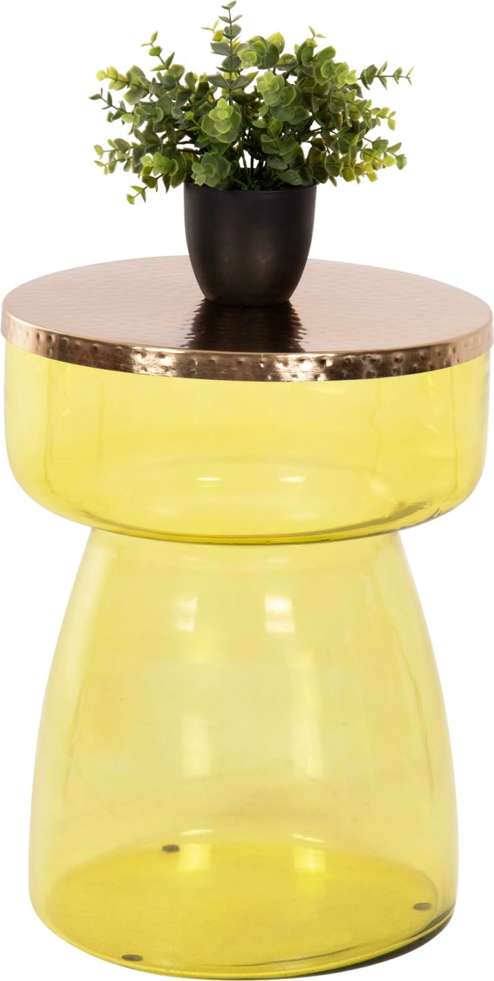 Tavolinë anësore RANE, bazë qelqi e gjelbër e lehtë, sipërfaqe metalike në ar, Φ36x47H cm