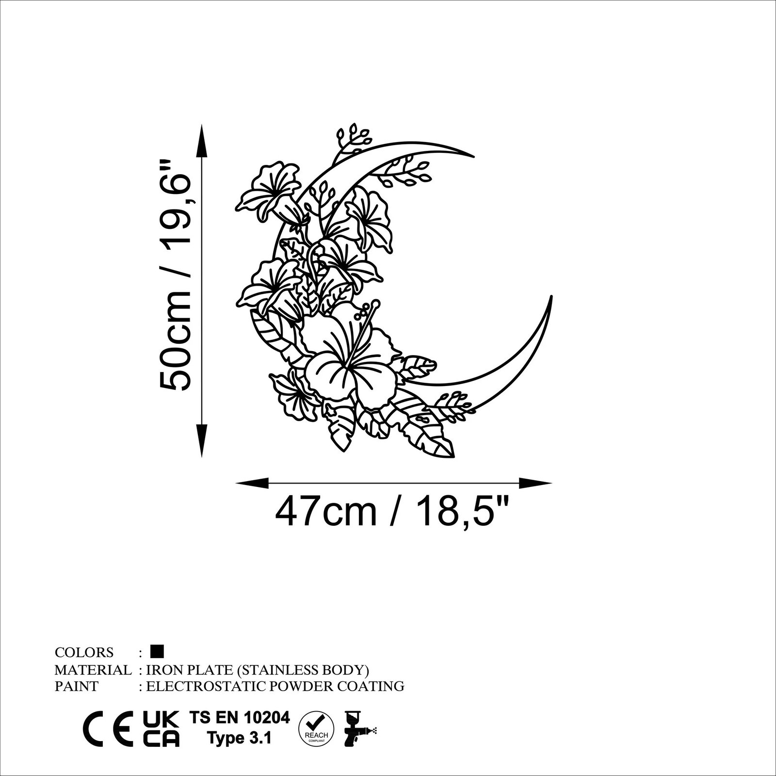 Aksesor dekorativ metalik për mur, lule hëna, Wallity, i zi, 50x47cm