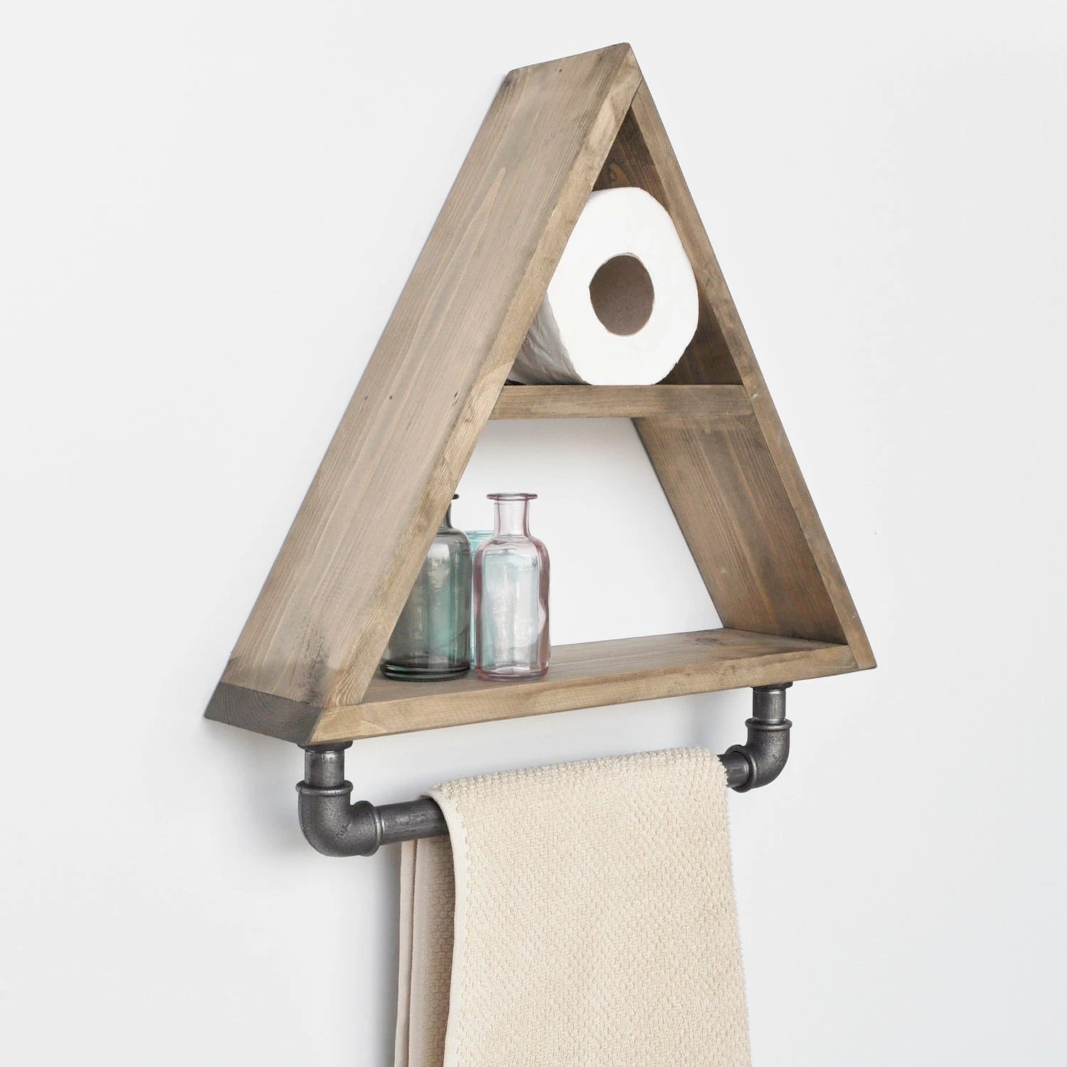 Raft trekëndësh dekorativ, dru bredhi, ngjyrë arre, tuba metalikë të zinj, Skye Decor, Boruraf119