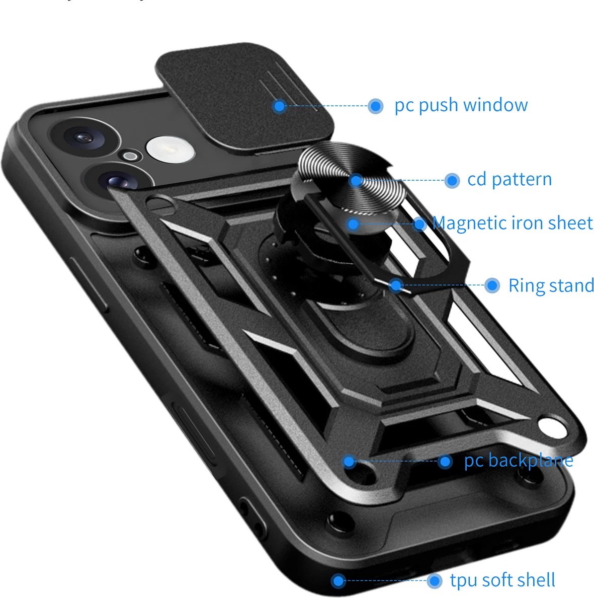 Mbështjellës Hurtel Hybrid Armor Camshield për iPhone 16, me mbulesë kamere dhe qëndrim, i zi