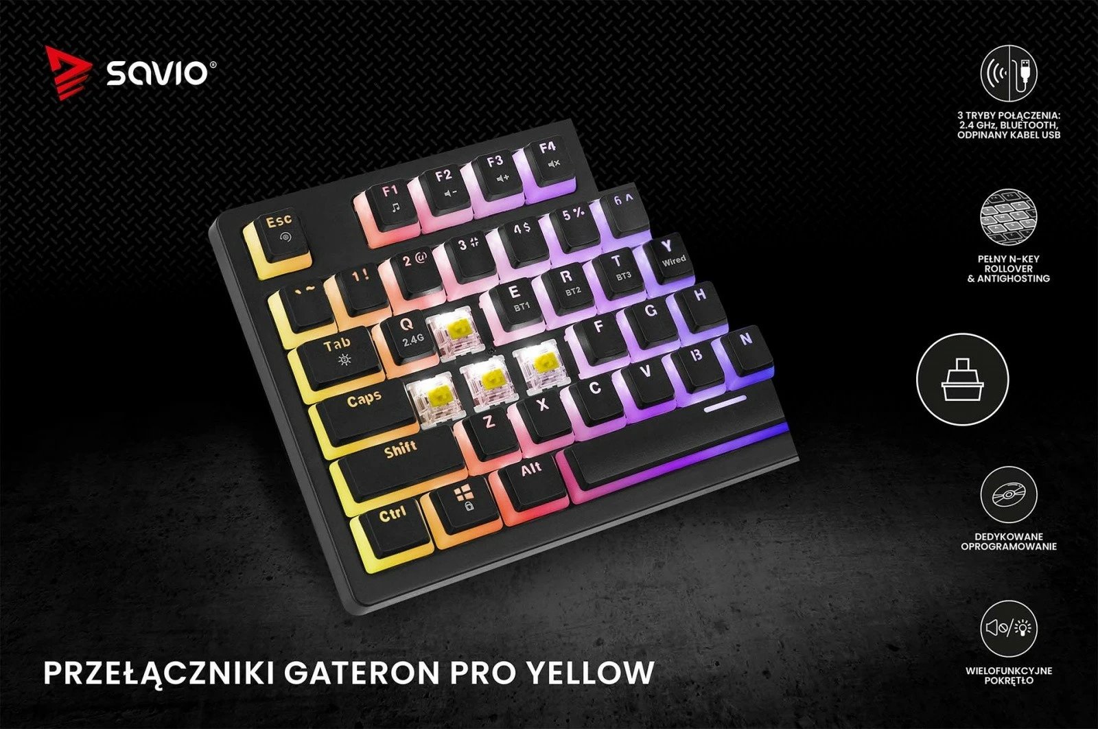 Tastierë mekanike Savio Phenix, Gateron Yellow Pro, wireless/përmes kabllos, RGB, e zezë Tastierë mekanike Savio Phenix, Gateron Yellow Pro, wireless/përmes kabllos, RGB, e zezë