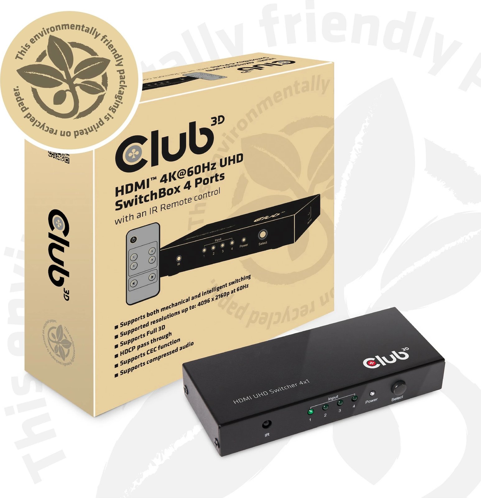 Switch HDMI Club3D, 4 hyrje 1 dalje, 4K60Hz UHD, i zi
