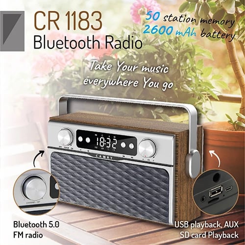 Radio Bluetooth portative, Camry CR 1183, FM, USB/SD/AUX, Bluetooth 5.0, altoparlantë stereo 2x6 W, bateri 2600 mAh