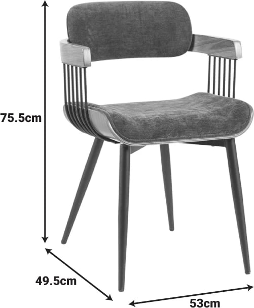 Karrige Cameo me krahë, metal i zi, dru arre, stof gri e errët, 53x49.5x75.5cm