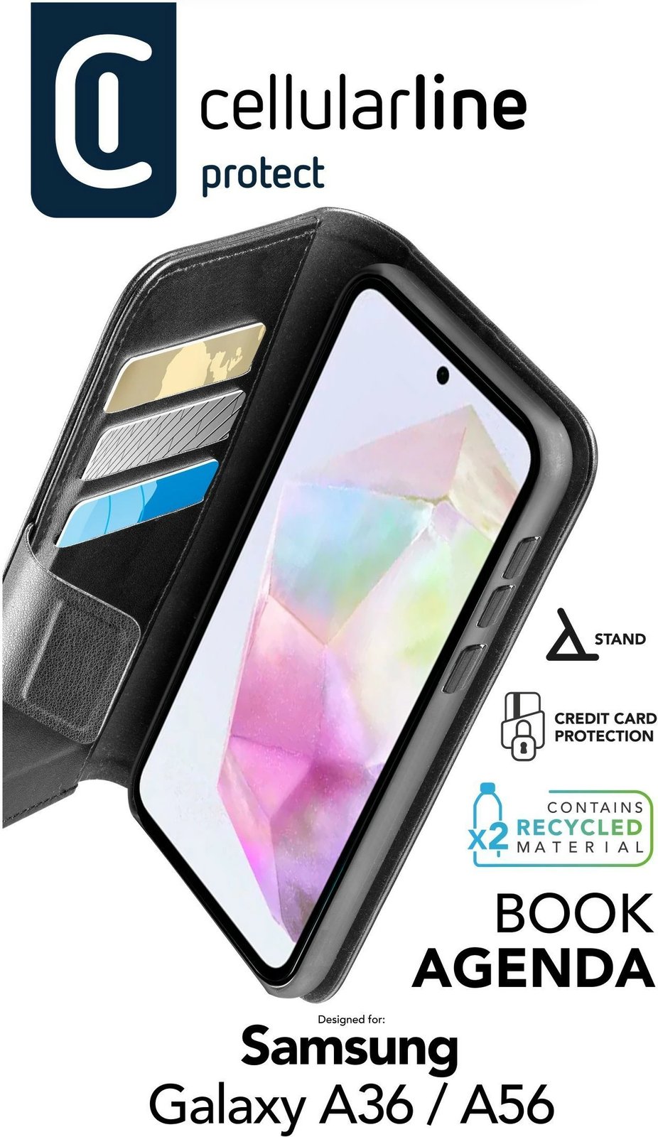Mbështjellës folio Cellular Line për Samsung Galaxy A36/A56, 6.64", 3 x xhepa kartelash, ngjyrë e zezë