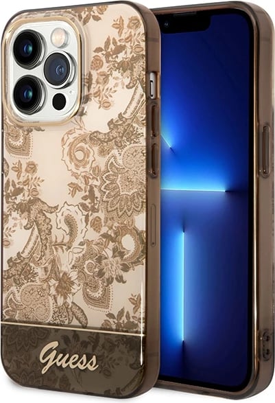 Mbështjellës Guess GUHCP14XHGPLHC për iPhone 14 Pro Max 6.7", Porcelain Collection, okër