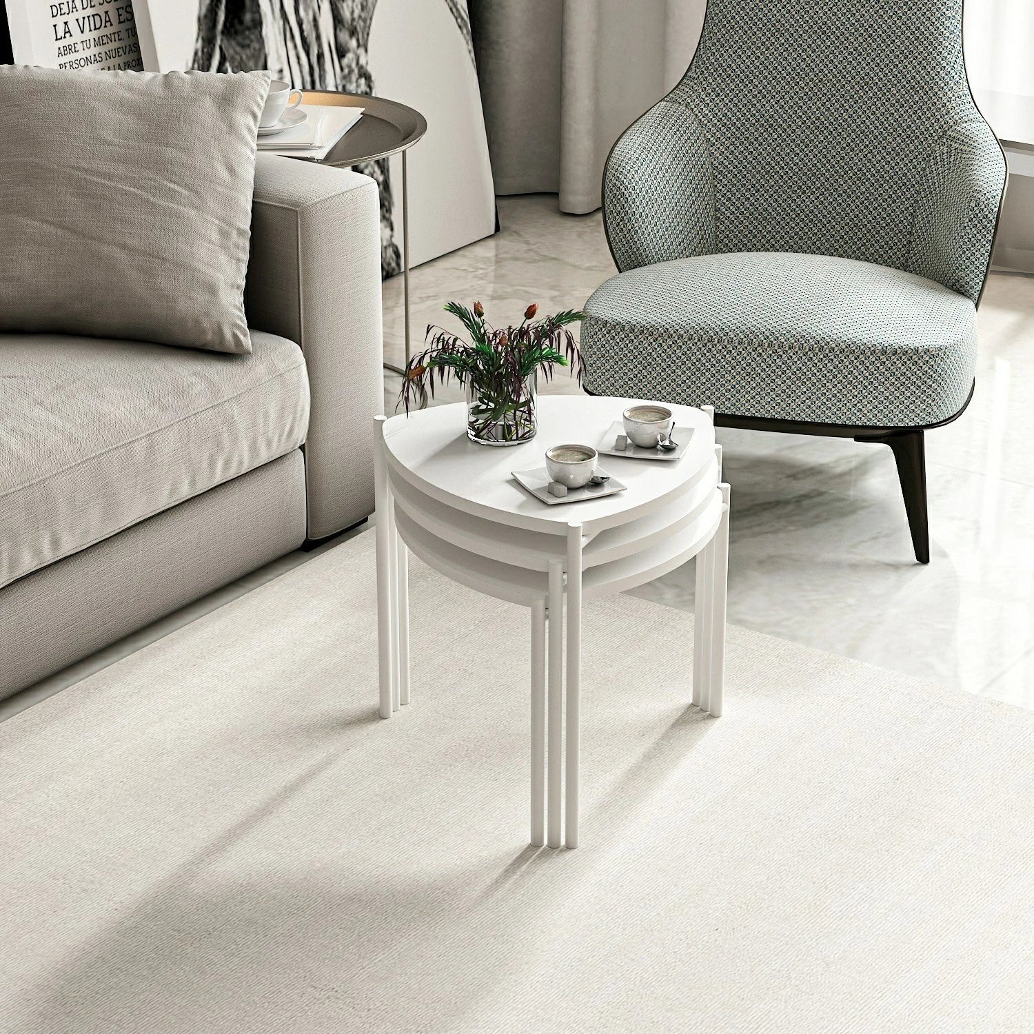 Set tavolinash të vendosshme, Lenny, e bardhë, 3 copë