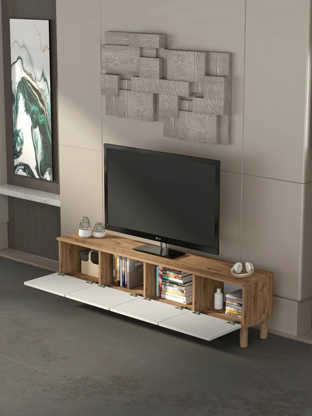 Komodë TV Skye Decor, ngjyrë pishë Atlantike dhe e bardhë, Norvella