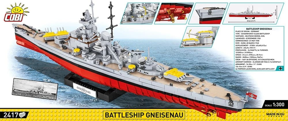 Set ndërtimi Cobi Klocki Battleship Gneisenau, 2417 pjesë, Historical Collection, gri/e kuqe Set ndërtimi Cobi Klocki Battleship Gneisenau, 2417 pjesë, Historical Collection, gri/e kuqe