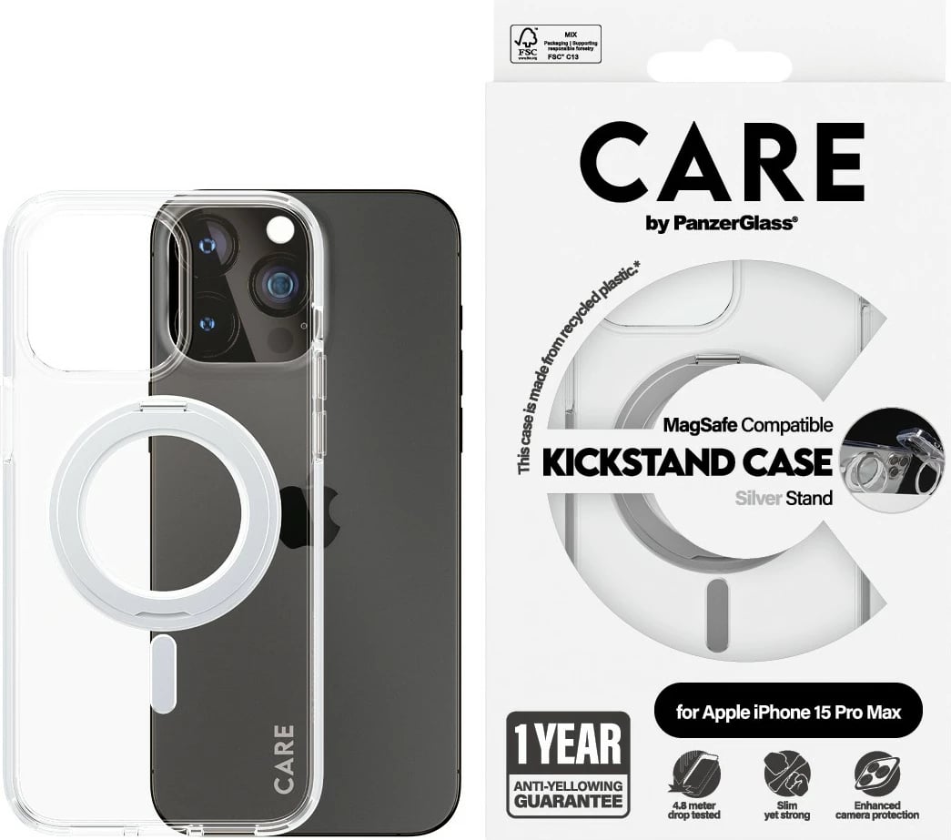 Mbështjellës PanzerGlass CARE Case me kickstand, MagSafe, për iPhone 15 Pro Max, transparent