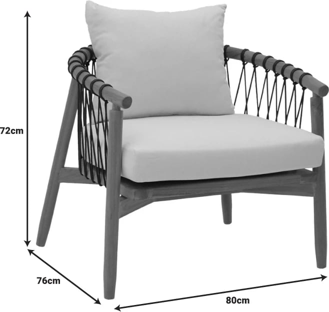 Karrige për kopsht Haibo dru teak natyral-litar i zi-jastëk i bardhë 80x75x72cm