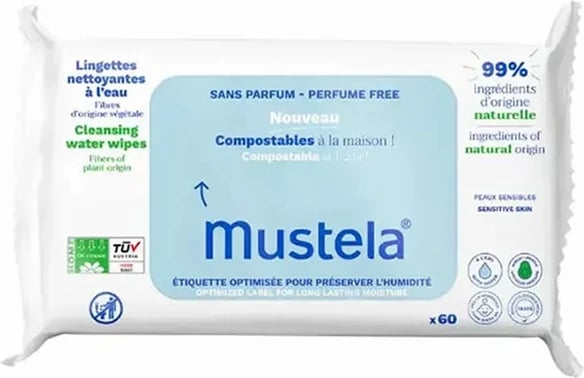 Lingeta pastruese me ujë Mustela Biodegradable 60 copë