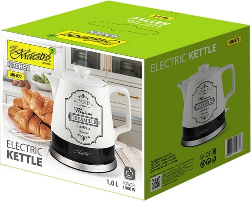 Çajnik elektrik qeramike Feel-Maestro MR-072, 1L, 1000W, Bardhë/Zeze