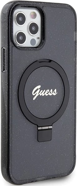 Mbështjellës Guess Ring Stand Script Glitter MagSafe për iPhone 12/12 Pro, i zi