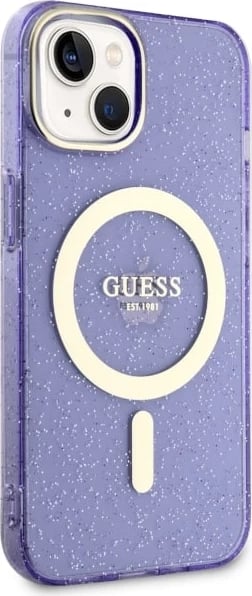 Mbështjellës Guess Glitter Gold MagSafe për iPhone 14, Violet
