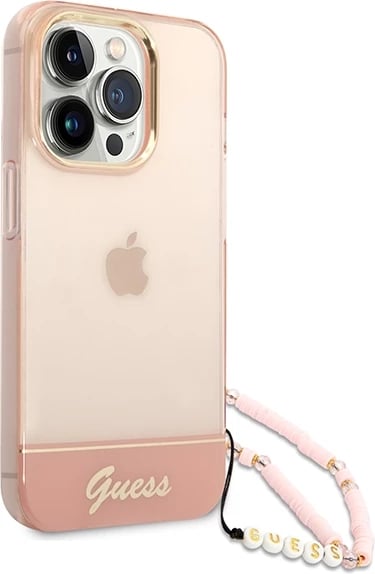 Mbështjellës Guess GUHCP14LHGCOHP për iPhone 14 Pro 6.1", hardcase, Translucent Pearl Strap, rozë