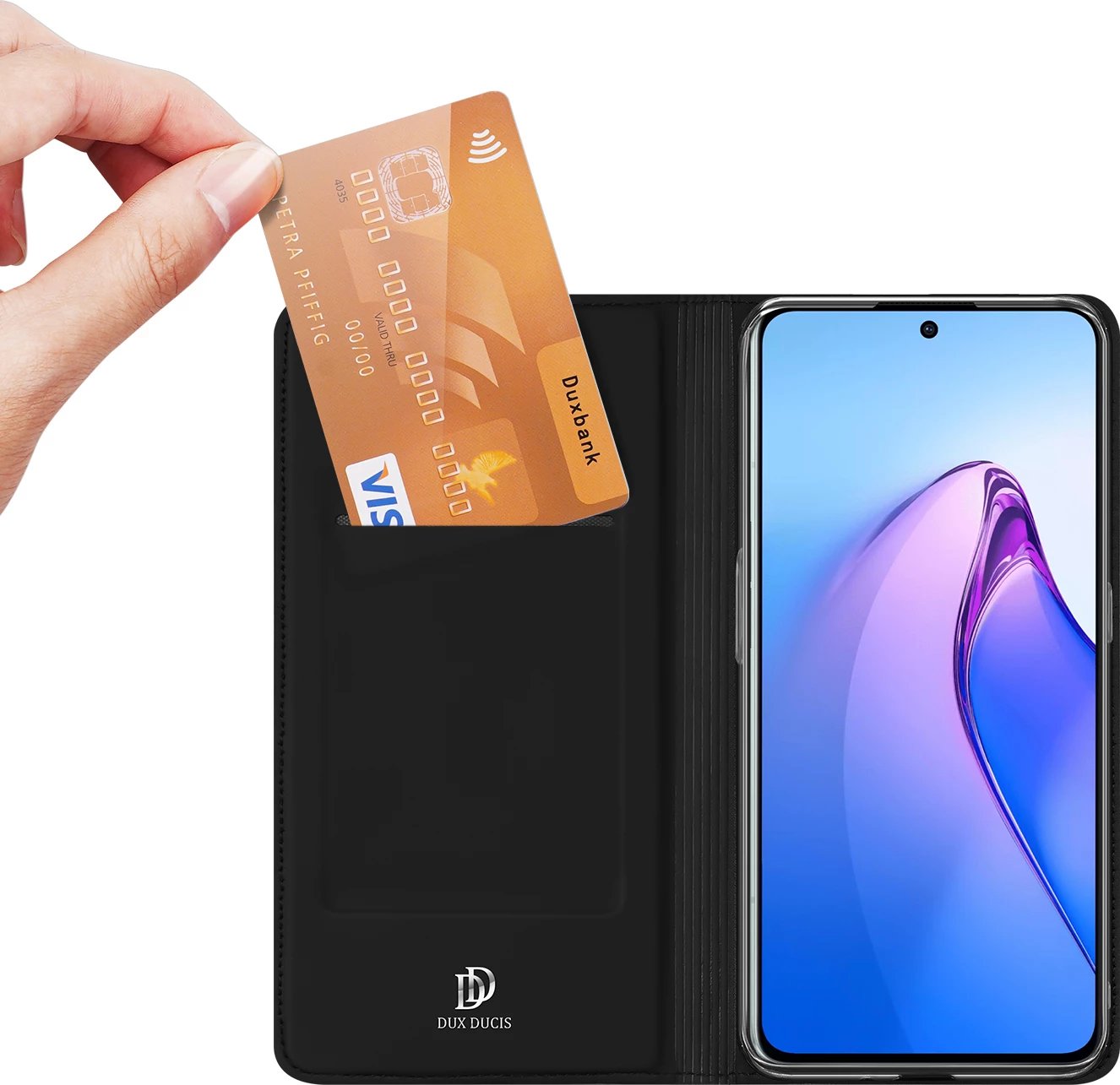 Mbështjellës Dux Ducis Skin Pro për Oppo Reno 8 Pro, me kapak, xhep për kartela, funksion stand, e zezë Mbështjellës Dux Ducis Skin Pro për Oppo Reno 8 Pro, me kapak, xhep për kartela, funksion stand, e zezë