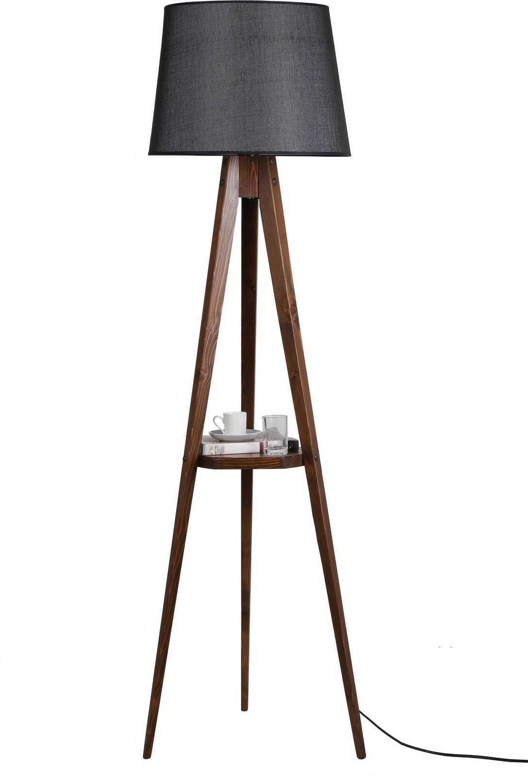 Llambë dyshemeje tripod, trup druri, raft, kapak tekstili, ngjyrë e zezë dhe arre, 160cm