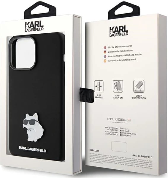 Mbështjellës Karl Lagerfeld Silicone Choupette Metal Pin për iPhone 15 Pro Max, i zi