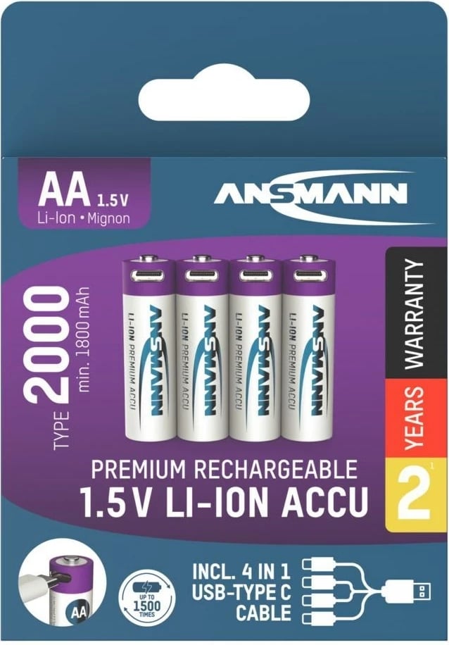 Bateri të rikarikueshme AA Ansmann 1312-0036, Li-Ion 1.5V, set 4 copë, Blu