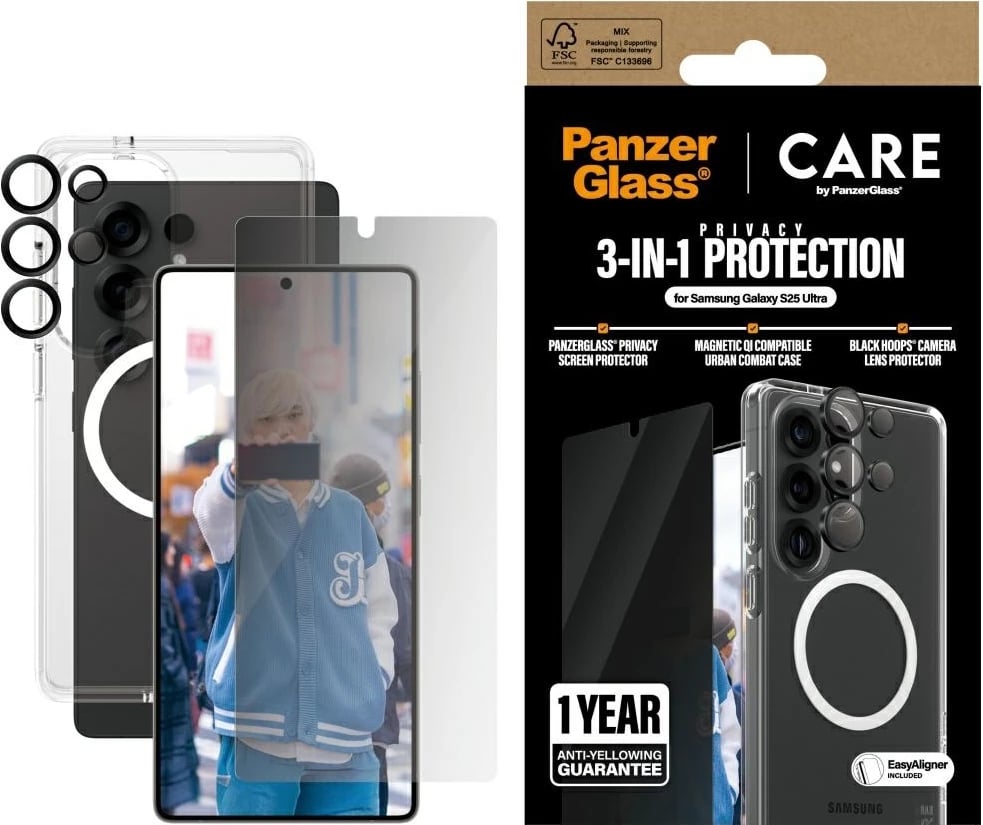 Mbështjellës PanzerGlass CARE Flagship 3in1 me xham privatësie dhe mbrojtëse lente për Samsung Galaxy S25 Ultra