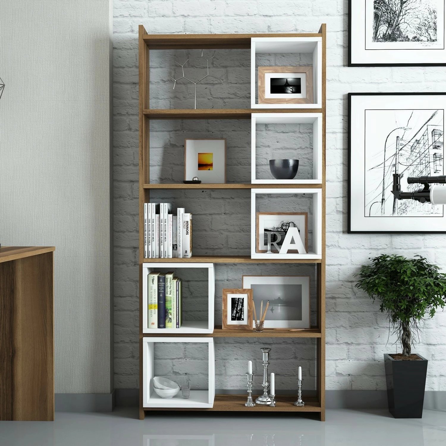 Raft librash Hanah Home, Box, ngjyrë arrë dhe e bardhë