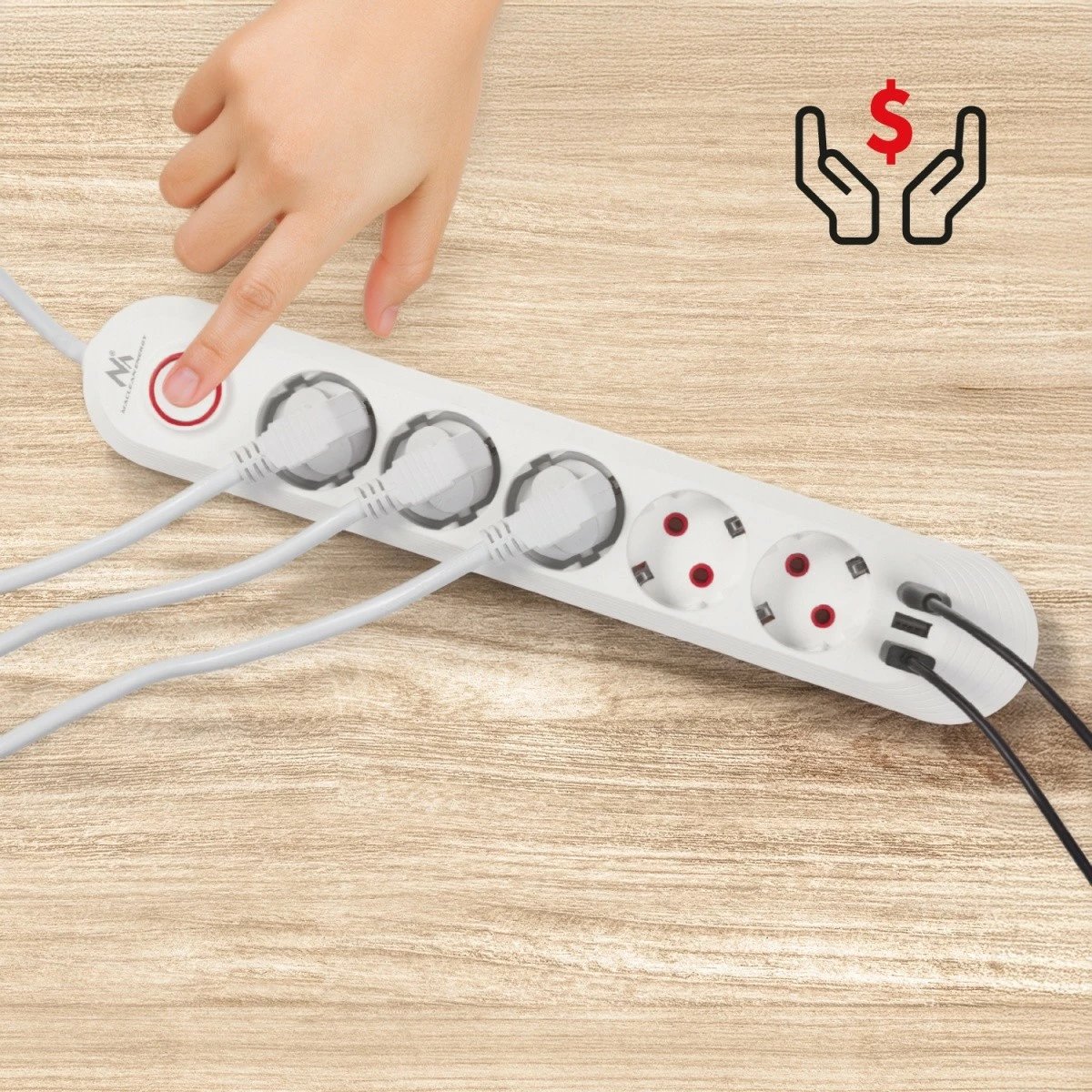 Zgjatues elektrik Maclean MCE395 W, 5 priza Schuko + 3x USB, 1.5 m, 2500W, me ndërprerës, e bardhë