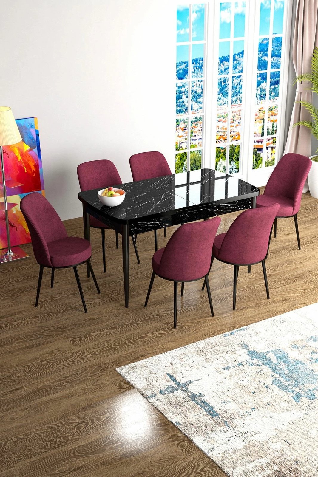 Tavolinë me karrige, e zgjatshme, 7 copë, Skye Decor, mermer i zi, burgundy