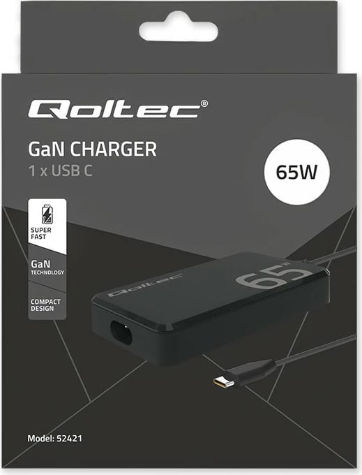 Karikues rrjeti Qoltec 65W GaN, USB-C 3.1, për laptop, MacBook, celular, i zi, me kabllo