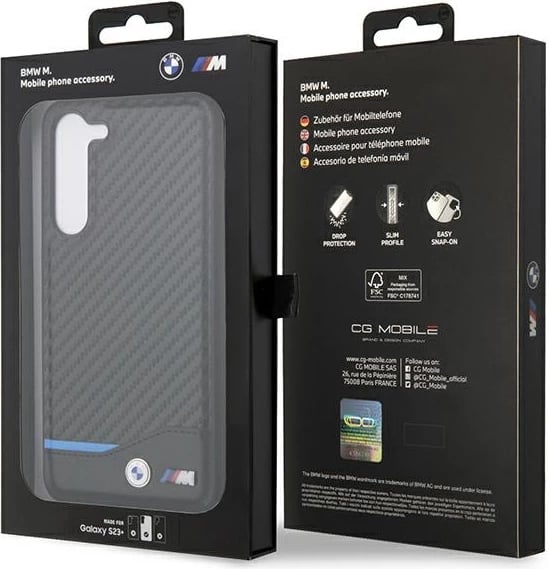 Mbështjellës BMW Leather Carbon për Samsung Galaxy S23+, i zi