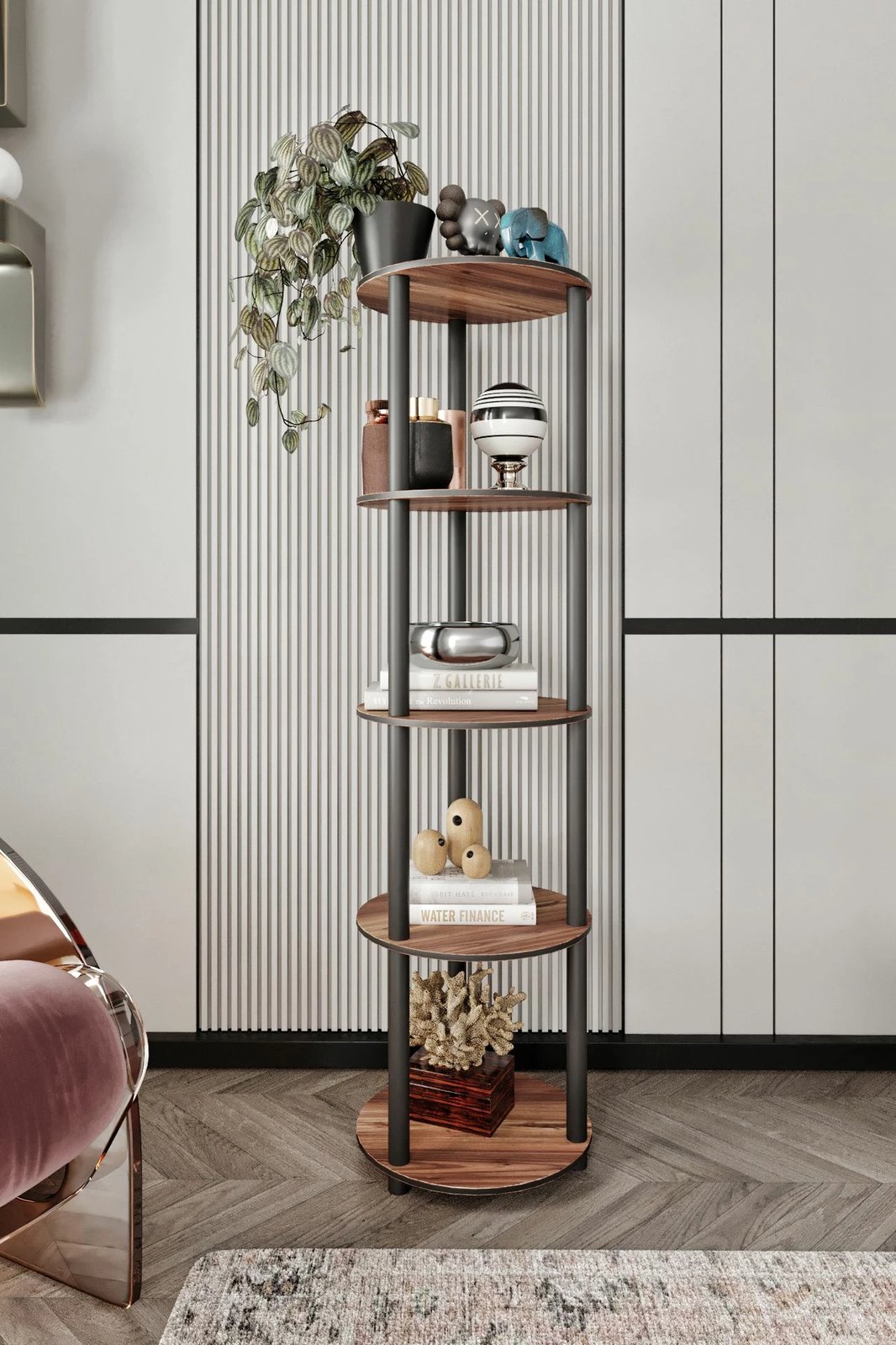 Raft librash Skye Decor, 5 nivele, i rrumbullakët, ngjyrë arre