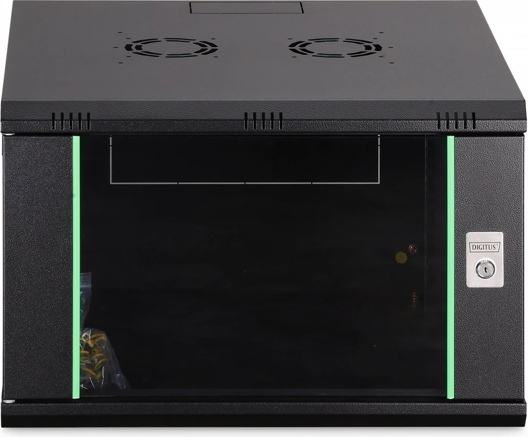 Kabinë rrjeti murale 19" 7U, Digitus DN-37103, 385x600x600mm, 4 shina të rregullueshme, derë xhami, IP20, 60kg, e zezë, e pamontuar