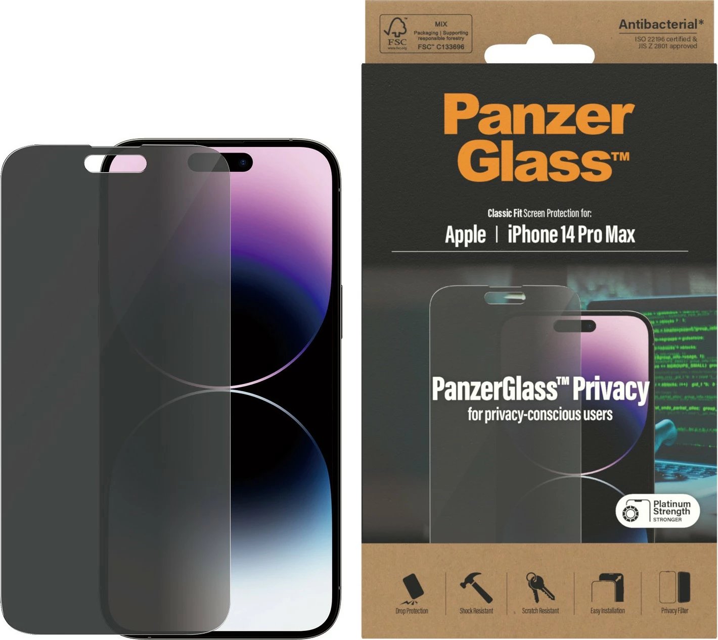Mbrojtës ekrani PanzerGlass për iPhone 14 Pro Max Privacy, antibakterial
