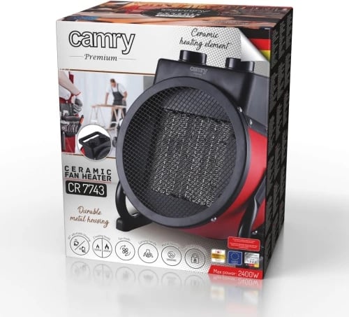 Ngrohës me ventilator qeramik, Camry CR 7743, 2400W, 2 nivele 1000/2400W, termostat, kënd fryrjeje vertikale 90°, i kuq