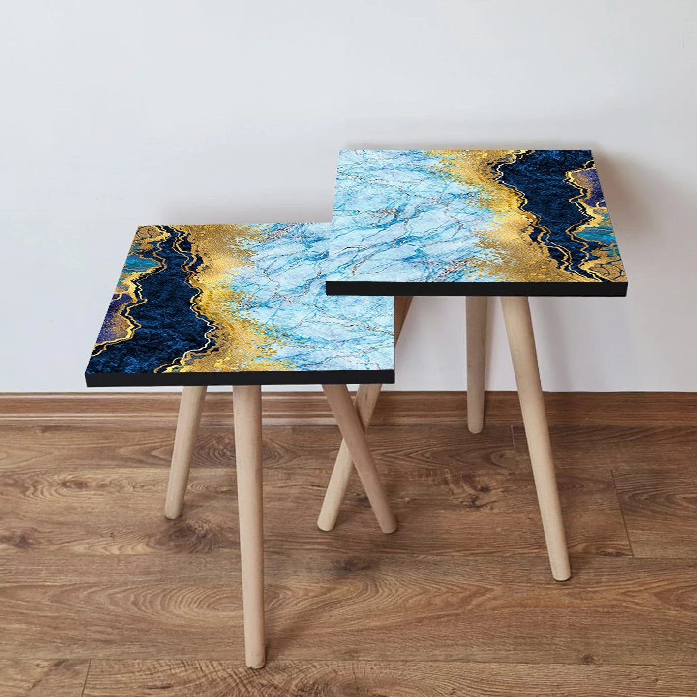 Set tavolinash të mbivendosura, Skye Decor, 2 copë, ngjyrë kaltër e errët, ari dhe e bardhë, 2Shp92